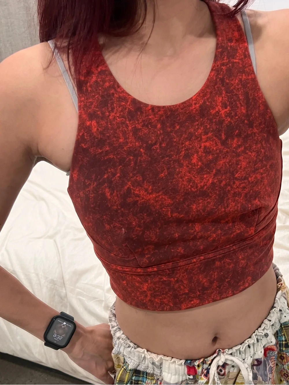 8 Lululemon Wunder Train Longline Bra, C/D Cup Denim Wash Print Autumn Red Black